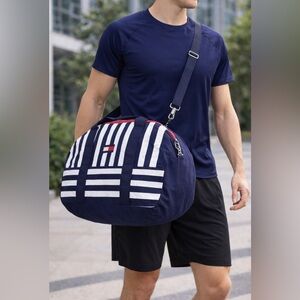 NWT Tommy Hilfiger Duffle Bag Navy White Stripe Weekender Travel Gym Carryall